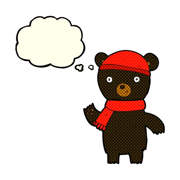Dibujos animados ondeando oso negro con burbuja de pensamiento — Vector de stock