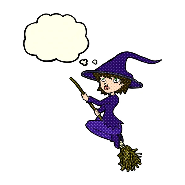 Cartoon witch riding broomstick with thought bubble — Stock Vector
