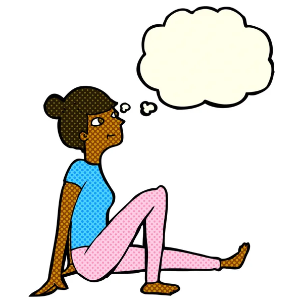Fumetto donna seduta con bolla di pensiero — Vettoriale Stock