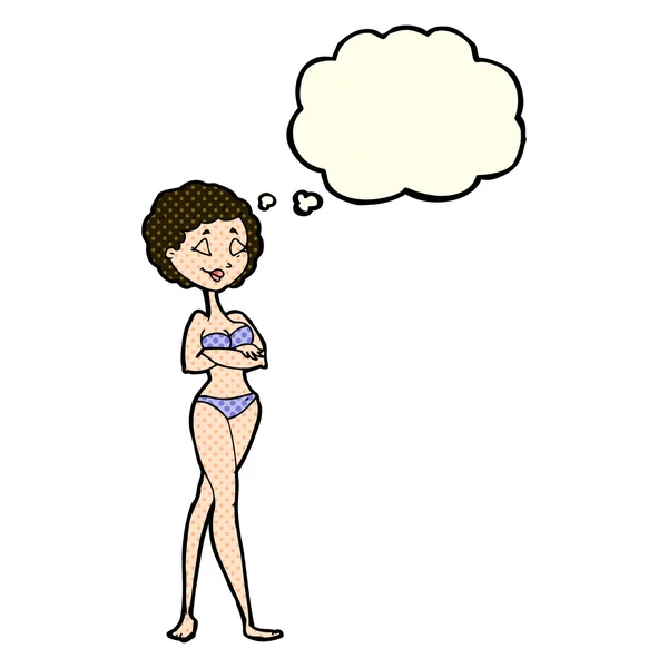 Dibujos animados mujer retro en bikini con burbuja de pensamiento — Vector de stock