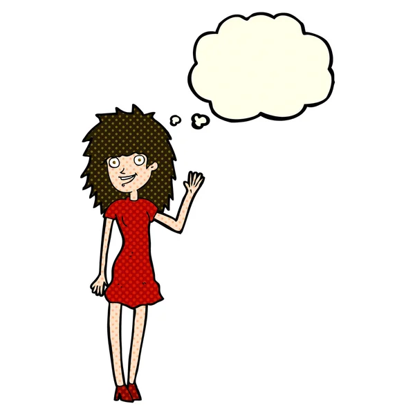 Καρτούν ευτυχισμένη γυναίκα κυματίζει με φούσκα σκέψης — Διανυσματικό Αρχείο