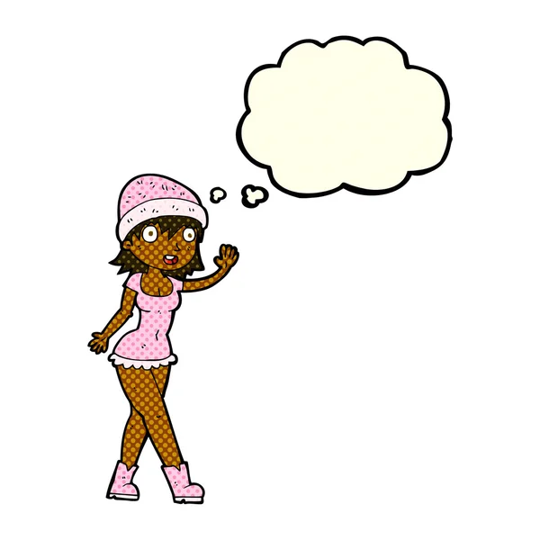 Мультфильм красивая девушка в шляпе машет мыслями пузырь — стоковый вектор