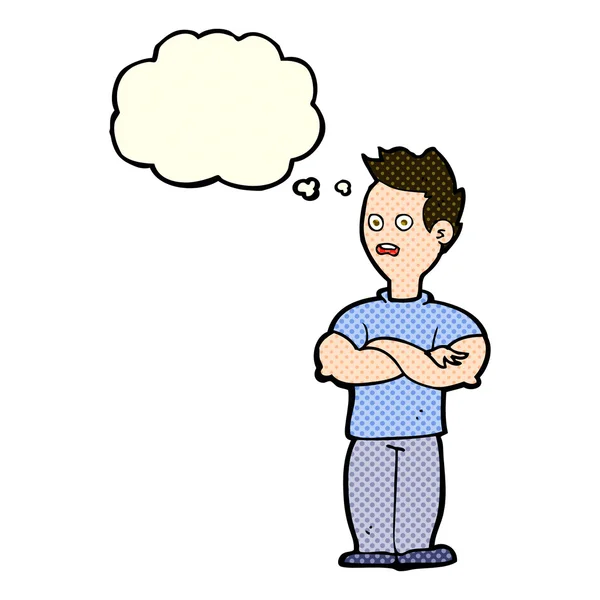 Hombre de dibujos animados con brazos cruzados con burbuja de pensamiento — Archivo Imágenes Vectoriales