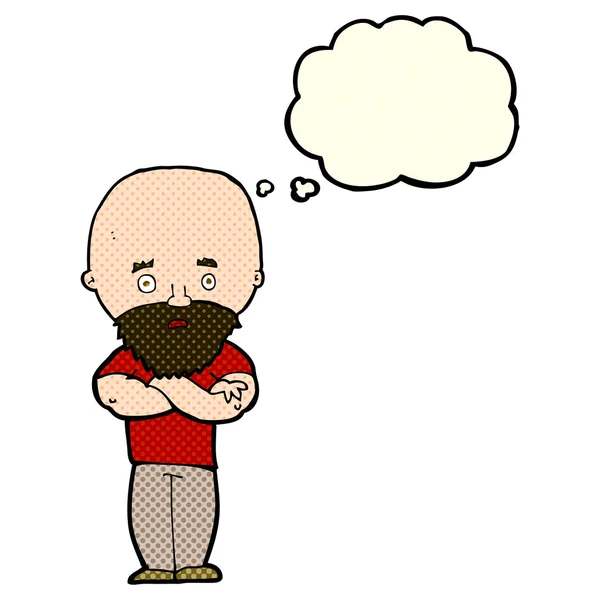Desenho animado chocado homem careca com barba com bolha de pensamento — Vetor de Stock