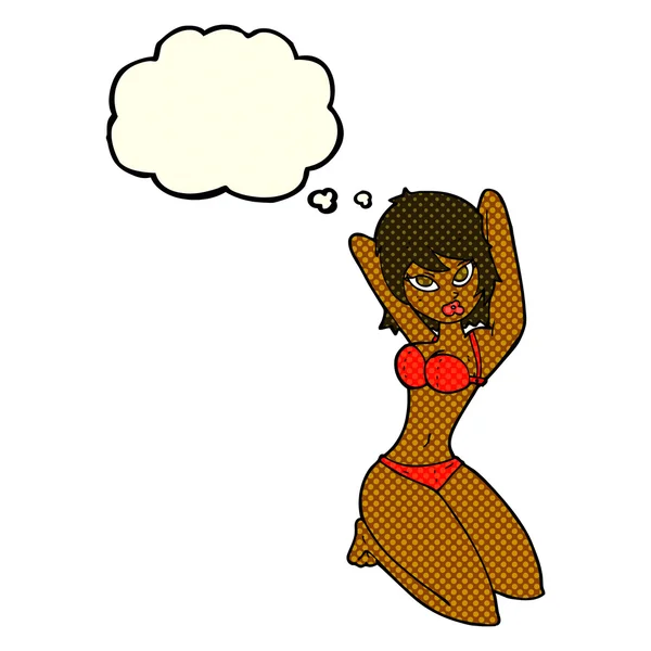 Desenho animado sexy mulher posando com pensamento bolha — Vetor de Stock