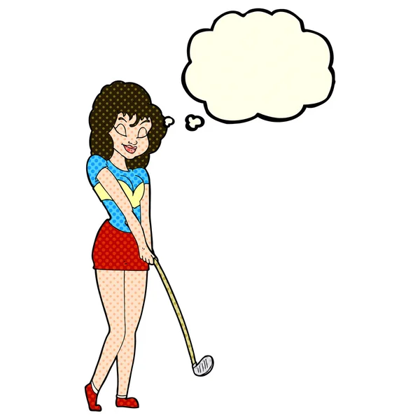 Kreslený žena hrát golf s myšlenkou bublina — Stockový vektor