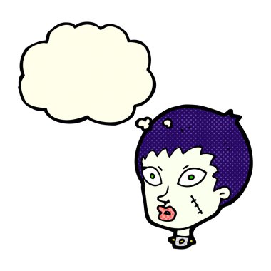 Düşünce baloncuklu dişi zombi kafası.