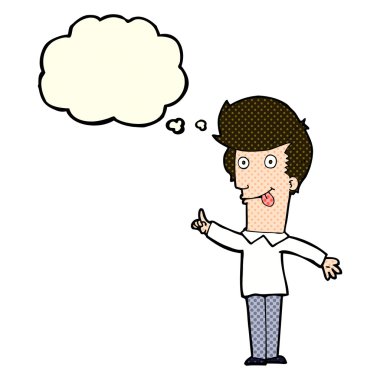 Düşünce baloncuğu olan komik bir adam.