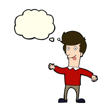 Düşünce baloncuğuyla dil çıkaran çizgi film adamı.