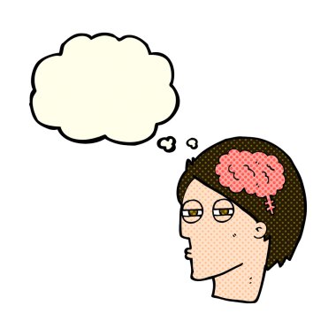 Çizgi film adamı düşünce baloncuğuyla dikkatlice düşünüyor.