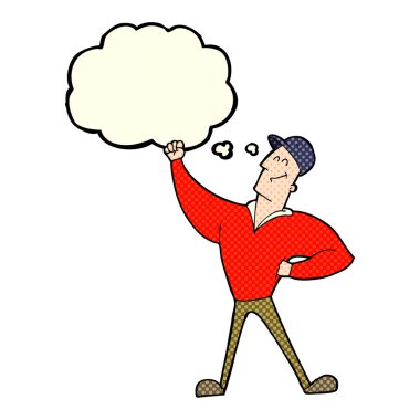 Düşünce baloncuğuyla kahramanca poz veren çizgi film adamı.