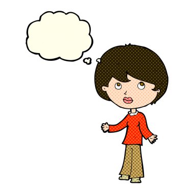 Düşünce baloncuğuyla düşünen çizgi film kadını.