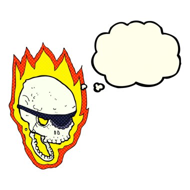 Düşünce baloncuklu yanan korsan kafatası