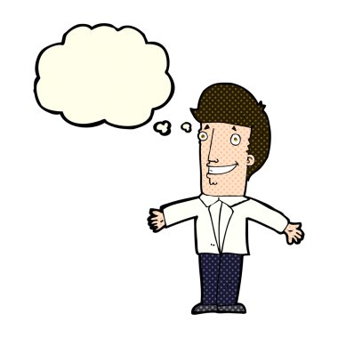 Düşünce baloncuğuyla kollarını açmış sırıtan çizgi film adamı.