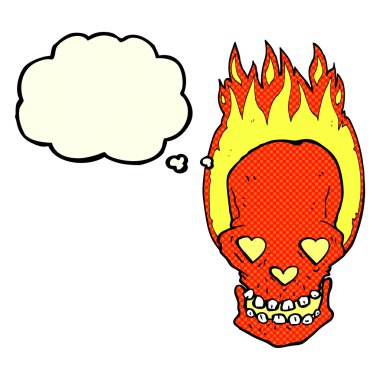 aşk kalp gözü ile düşünce balonu olan çizgi film yanan kafatası