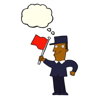 Düşünce baloncuğuyla bayrak sallayan çizgi film adamı.