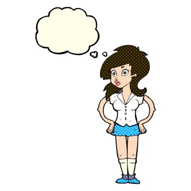 Düşünce baloncuğu olan güzel bir kadın.