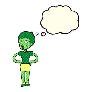 Düşünce baloncuklu cadılar bayramı kızı