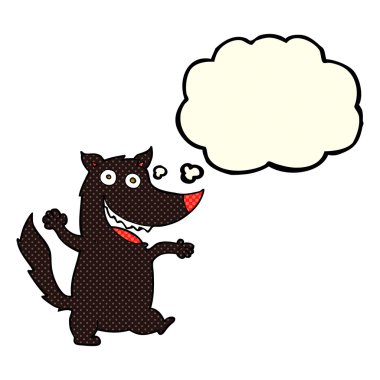 Düşünce baloncuğu olan mutlu bir kurt.