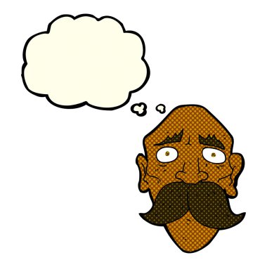 Düşünce baloncuğu olan üzgün yaşlı bir adam.