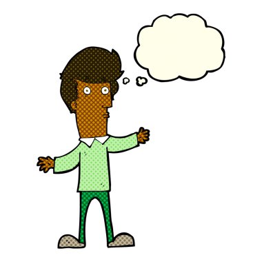 Düşünce baloncuğu olan ürkmüş bir adam.