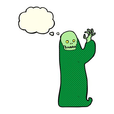 Düşünce baloncuğuyla cadılar bayramı hortlağını sallayan çizgi film.