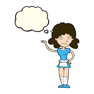 Düşünce kabarcığı olan çizgi film kızı.