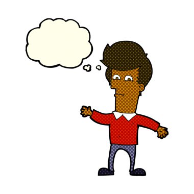 Düşünce baloncuğu sallayan çizgi film adamı