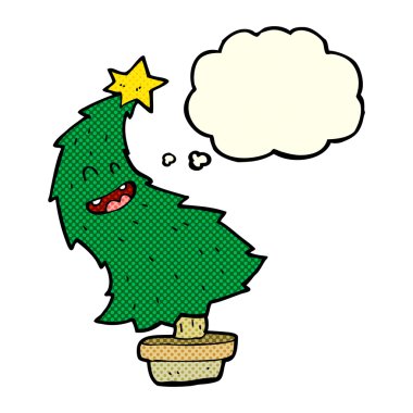 Düşünce baloncuğuyla Noel ağacı dansı yapan çizgi film.