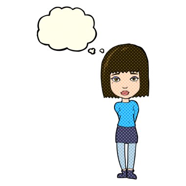 Düşünce baloncuğu olan ciddi bir kız.
