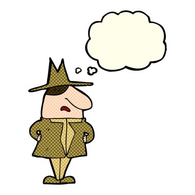 Düşünce baloncuklu palto ve şapka giyen adam.