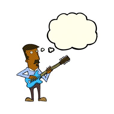Düşünce baloncuğuyla elektro gitar çalan çizgi film adamı.