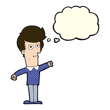 Düşünce baloncuğuyla yumruk atan çizgi film adamı.