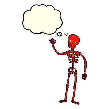 Düşünce baloncuğu ile iskeleti sallayan çizgi film