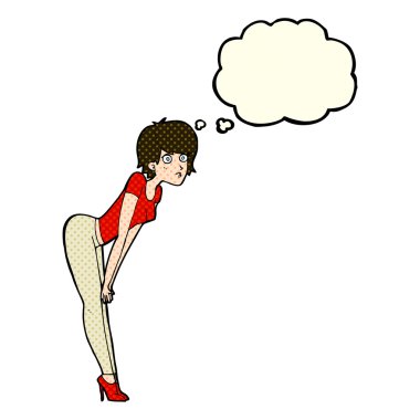 Çizgi filmdeki kadın düşünce baloncuklu bir şeye bakıyor.