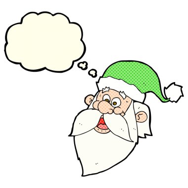 Düşünce baloncuklu neşeli Noel Baba suratı.