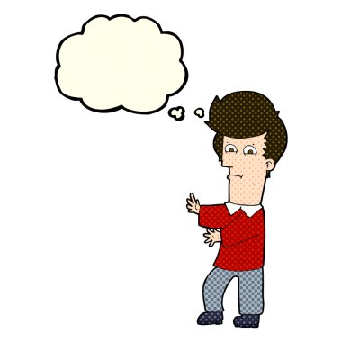 Düşünce baloncuğuyla el kol hareketi yapan çizgi film adamı.