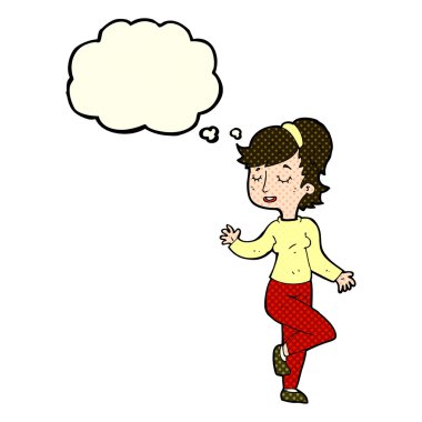 Düşünce baloncuğu olan dans eden kadın.