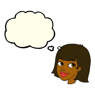 Düşünce baloncuklu mutlu kadın yüzü