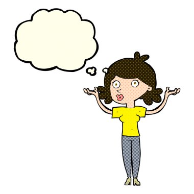 Çizgi filmdeki kadın düşünce balonuyla kollarını havaya kaldırıyor.