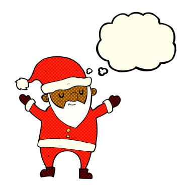 Düşünce baloncuğuyla Noel Baba dans eden çizgi film.