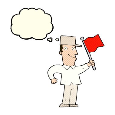 Düşünce baloncuğuyla bayrak sallayan çizgi film adamı.