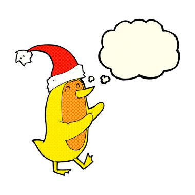 Xmas şapka düşünce balonu ile karikatür kuş