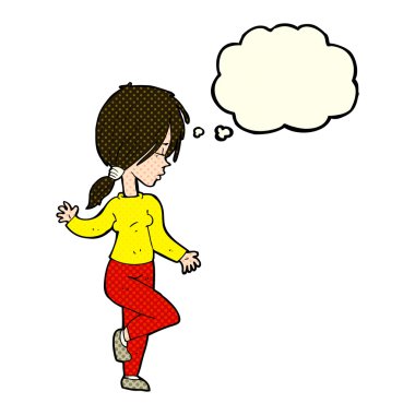 Düşünce baloncuğuyla dans eden çizgi film kızı.