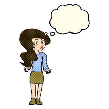 Çizgi filmdeki kadın düşünce balonuyla omuz silkiyor.