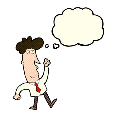 Düşünce baloncuğu olan bir ofis adamı.