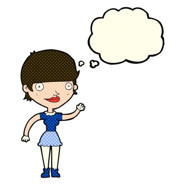 Düşünce baloncuğu olan çizgi film kadını.