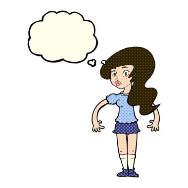 Düşünce baloncuğu olan güzel bir kadın.