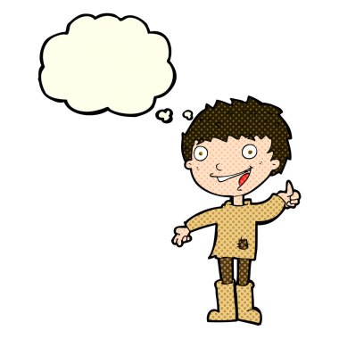 Düşünce baloncuğu olan heyecanlı çocuk.