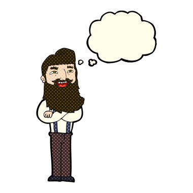 Düşünce baloncuğu olan sakallı mutlu bir adam.